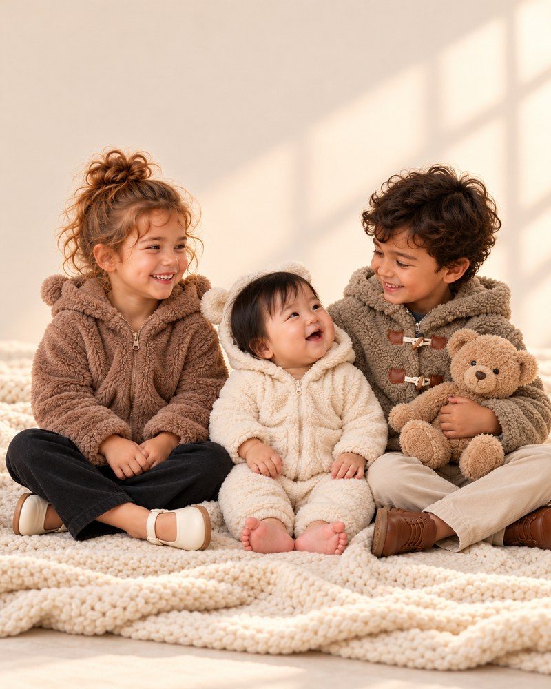Three children in cozy teddy jackets laughing together with a teddy bear