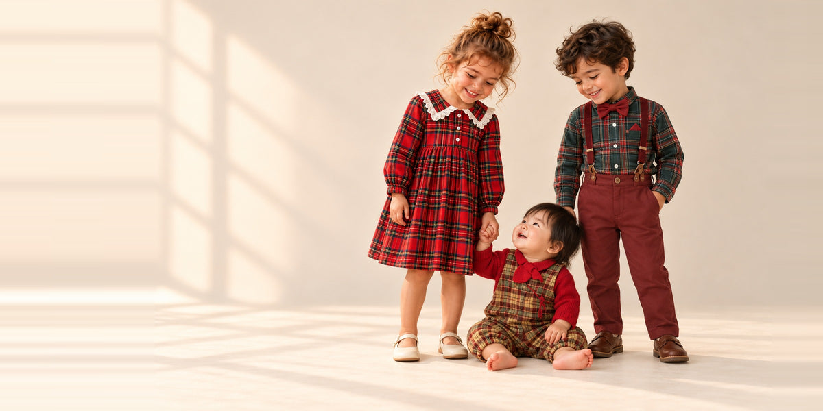 Three children in matching red and green tartan holiday outfits