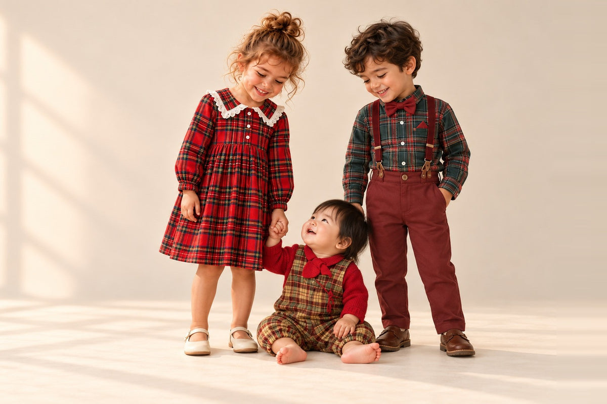 Three children in matching red tartan outfits