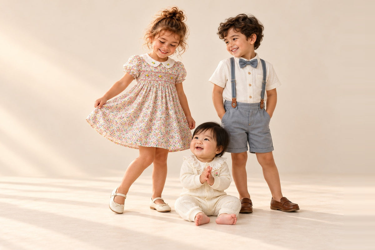 Three children in smocked floral and bow-tie party outfits