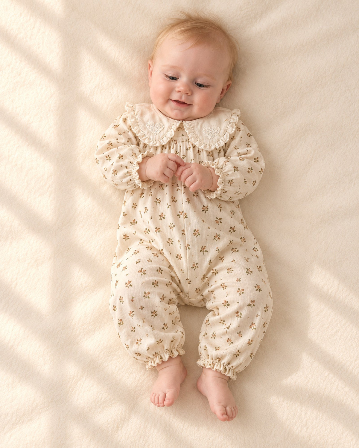 Baby lying on a cream blanket in the Mabel floral romper with a layered ruffle collar – Cream Floral