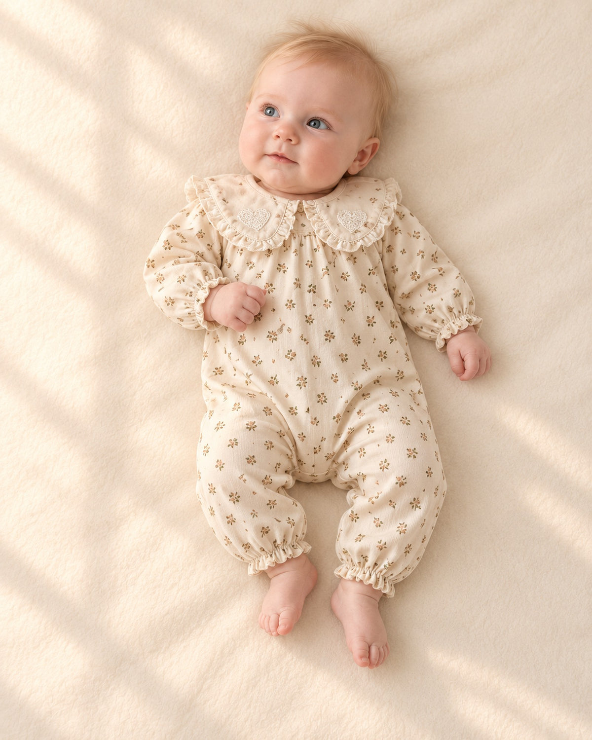 Front view of the cream floral romper with gathered ankle cuffs – Cream Floral
