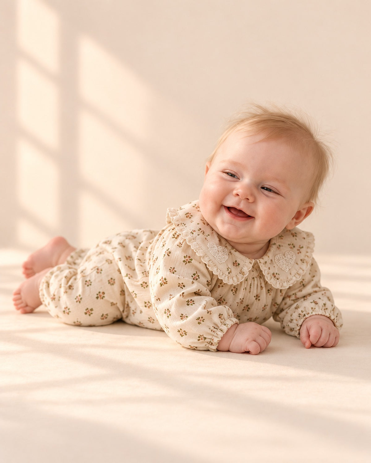 Baby lying on her tummy in the floral romper, smiling – Cream Floral