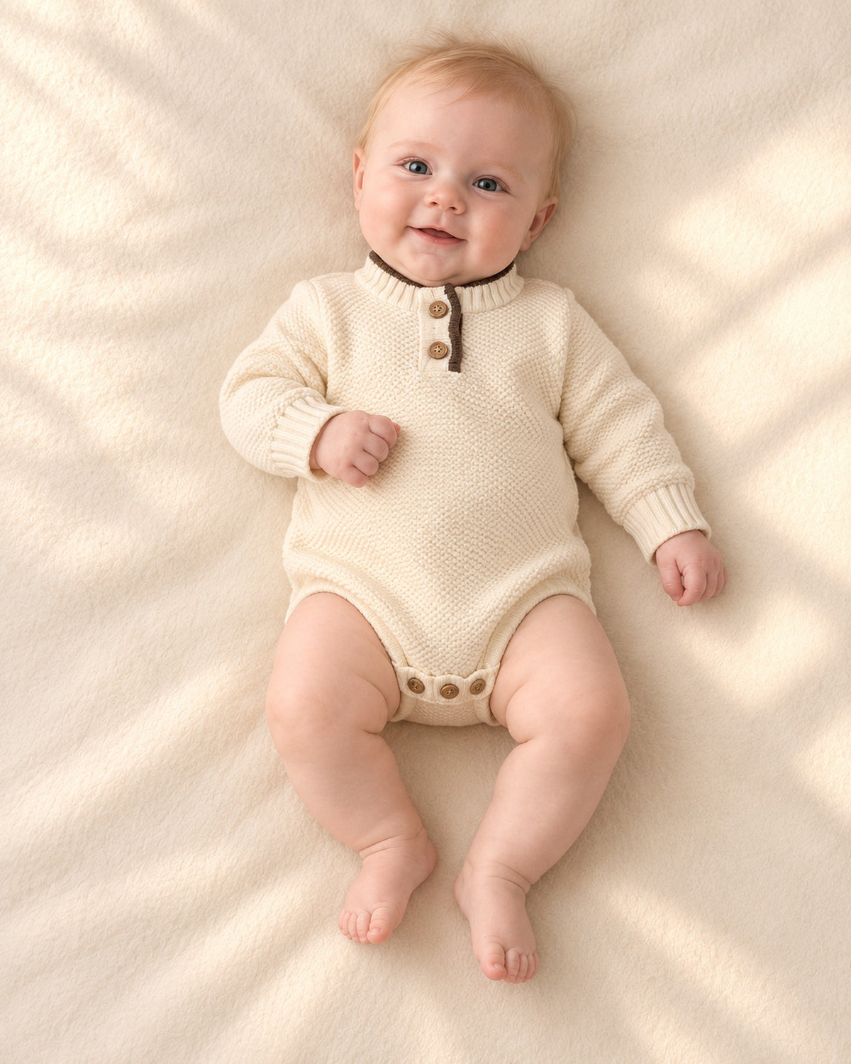 Baby smiling in the Cora cream knit bodysuit with a brown stand collar – Cream