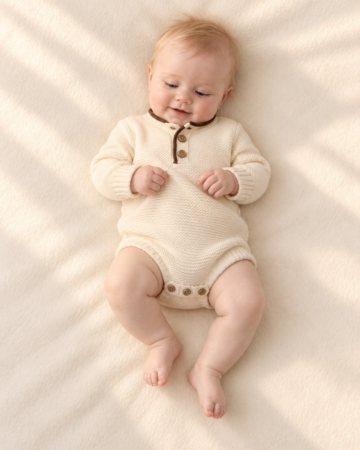 Front view of the knit bodysuit with wooden placket buttons – Cream