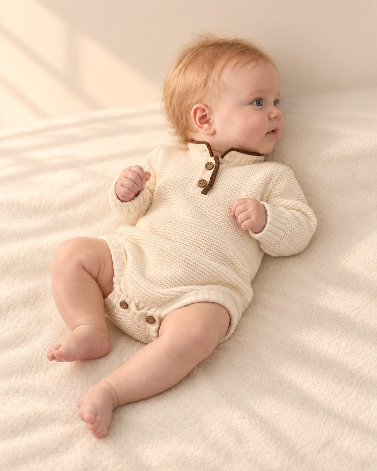 Side view of the cream bodysuit showing the crotch buttons – Cream