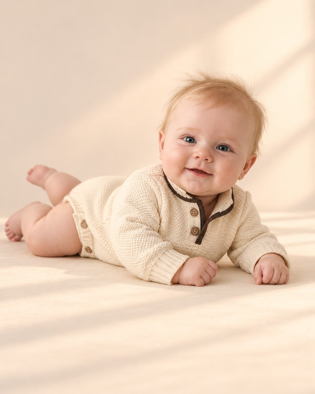 Baby on his tummy in the textured cream knit bodysuit – Cream