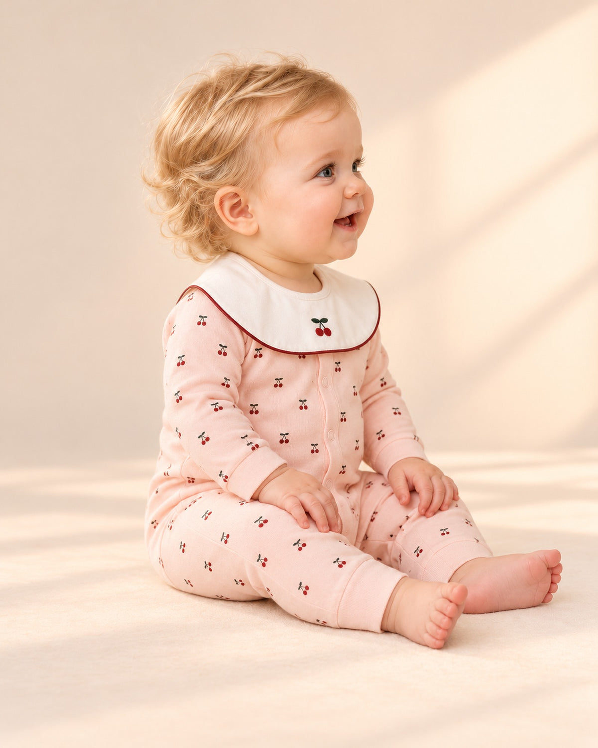 Side view of the pink cherry romper on a seated baby – Pink Cherry