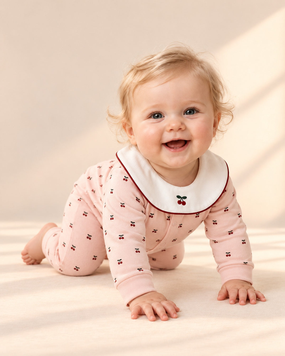 Baby crawling in the pink cherry print romper – Pink Cherry