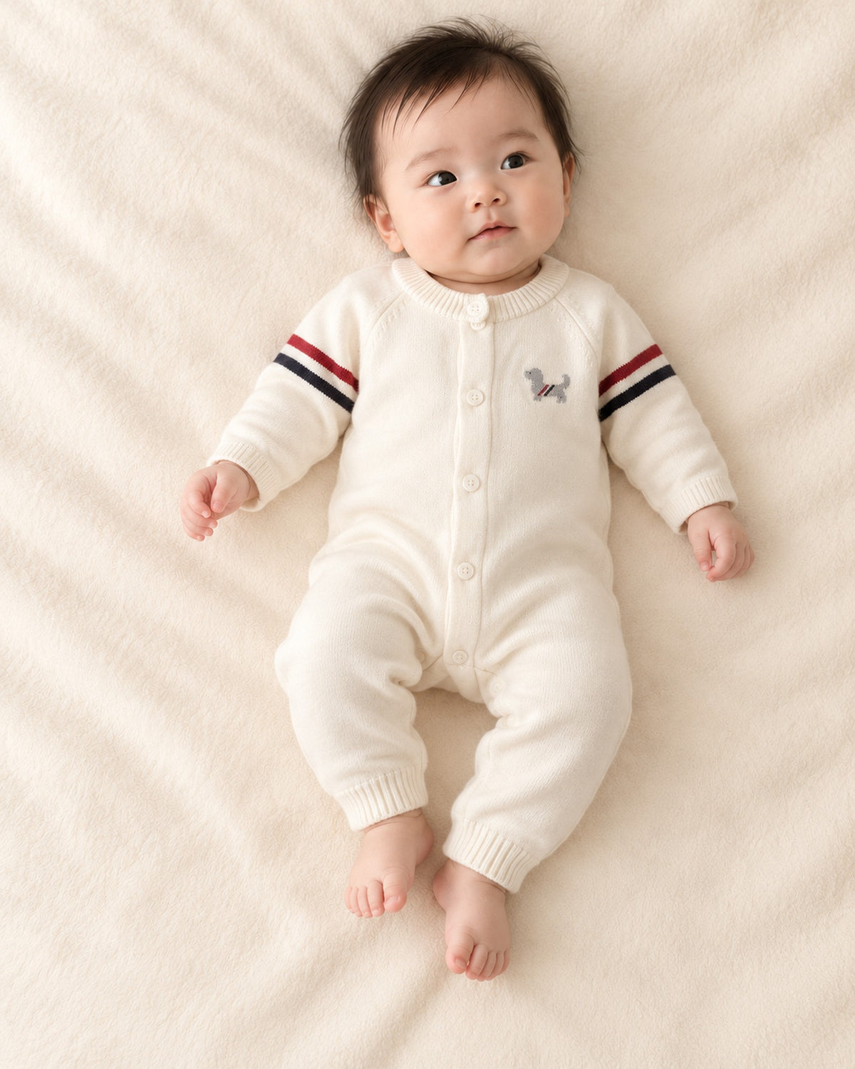 Front view of the knit jumpsuit with buttons down the front – Cream