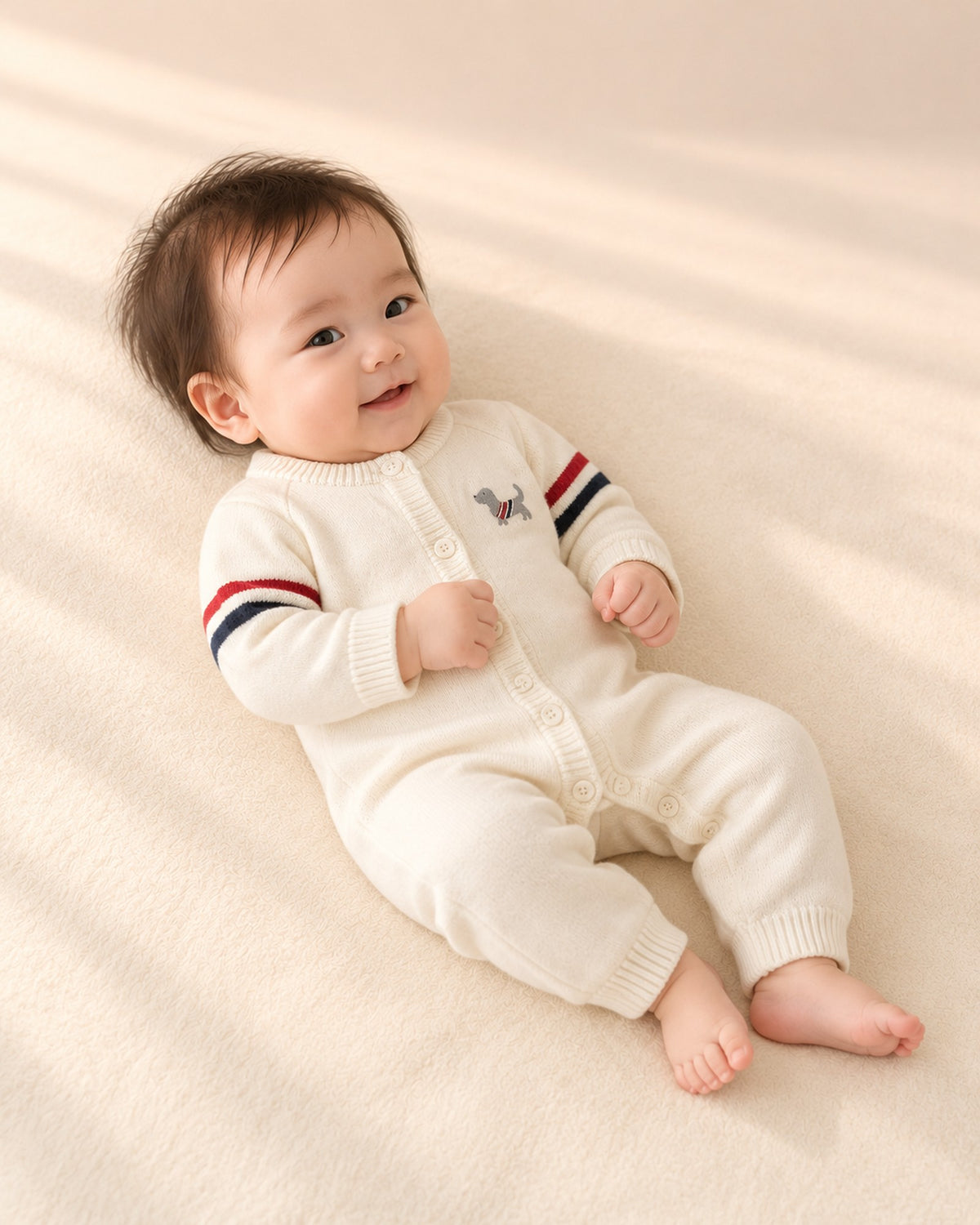 Side view of the cream jumpsuit showing the sleeve stripes – Cream