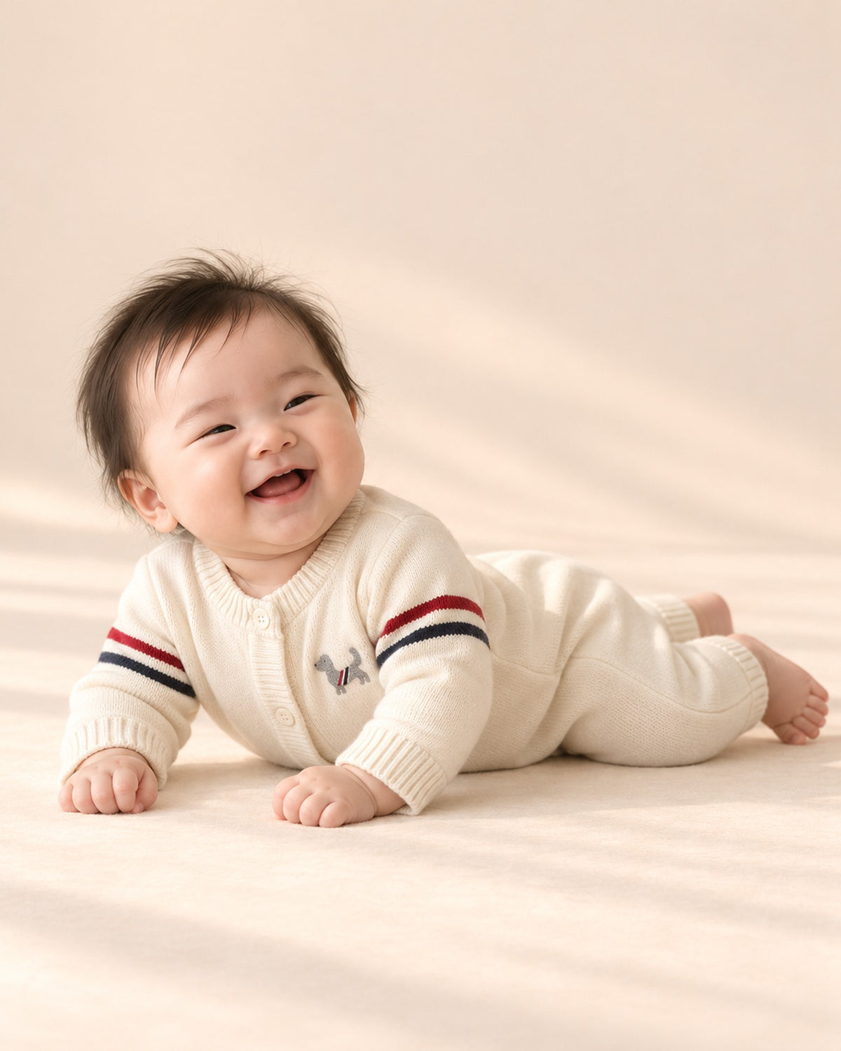 Baby laughing on his tummy in the puppy knit jumpsuit – Cream