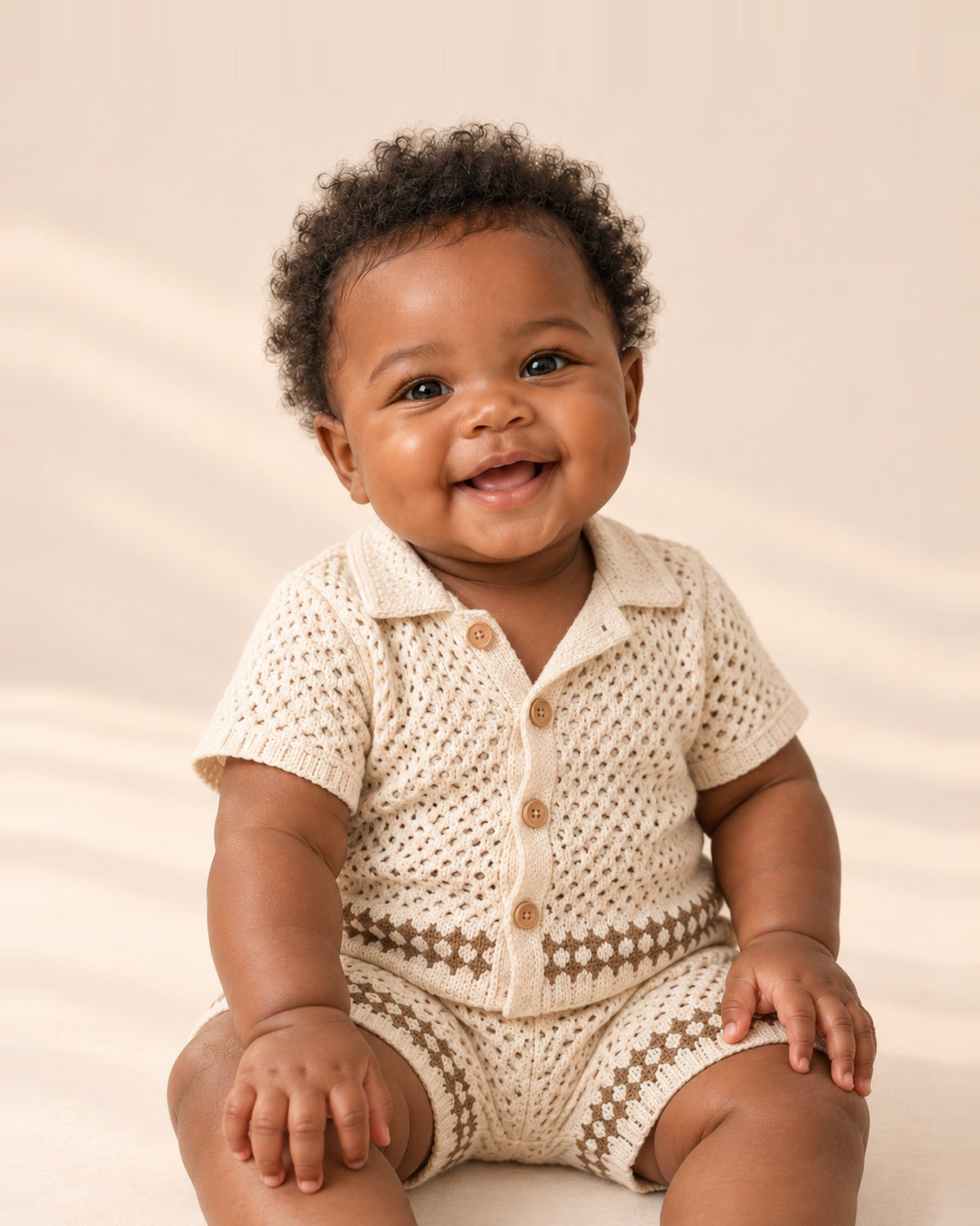 Baby sitting in the Ollie oat openwork knit shirt and shorts – Oat