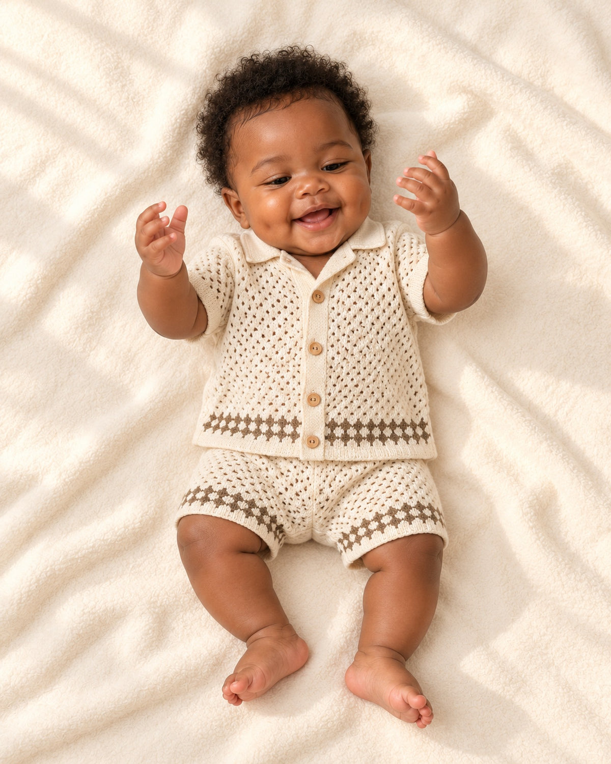 Full-length front view of the openwork knit camp collar set – Oat