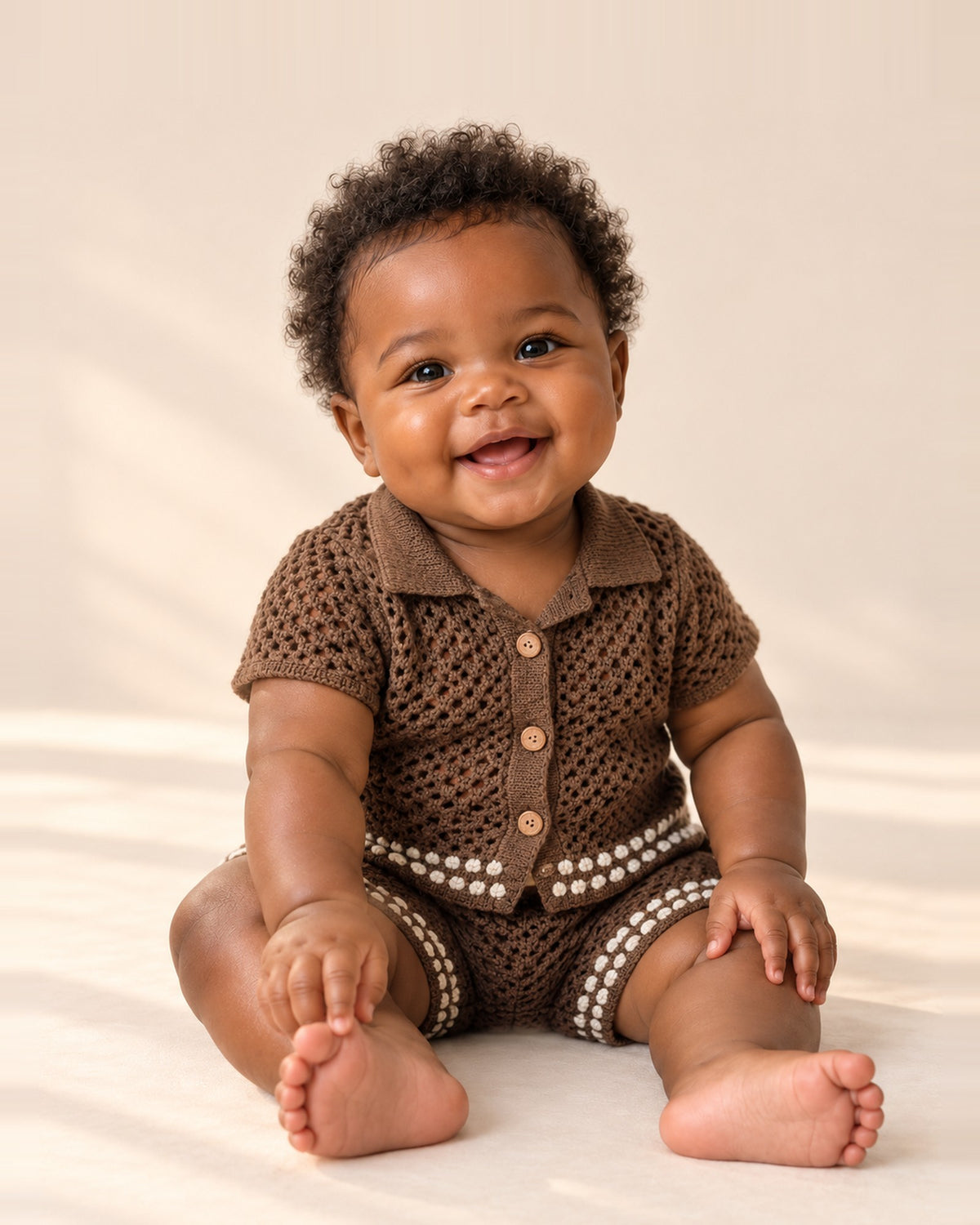 Ollie Openwork Knit Camp Collar Set in Chocolate – main