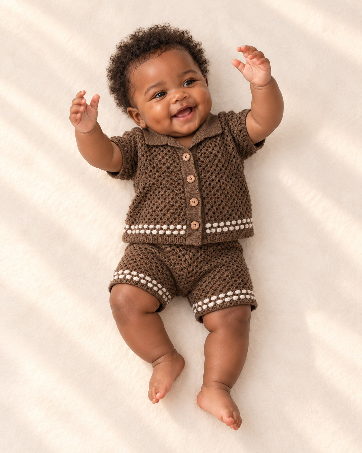 Ollie Openwork Knit Camp Collar Set in Chocolate – full front view