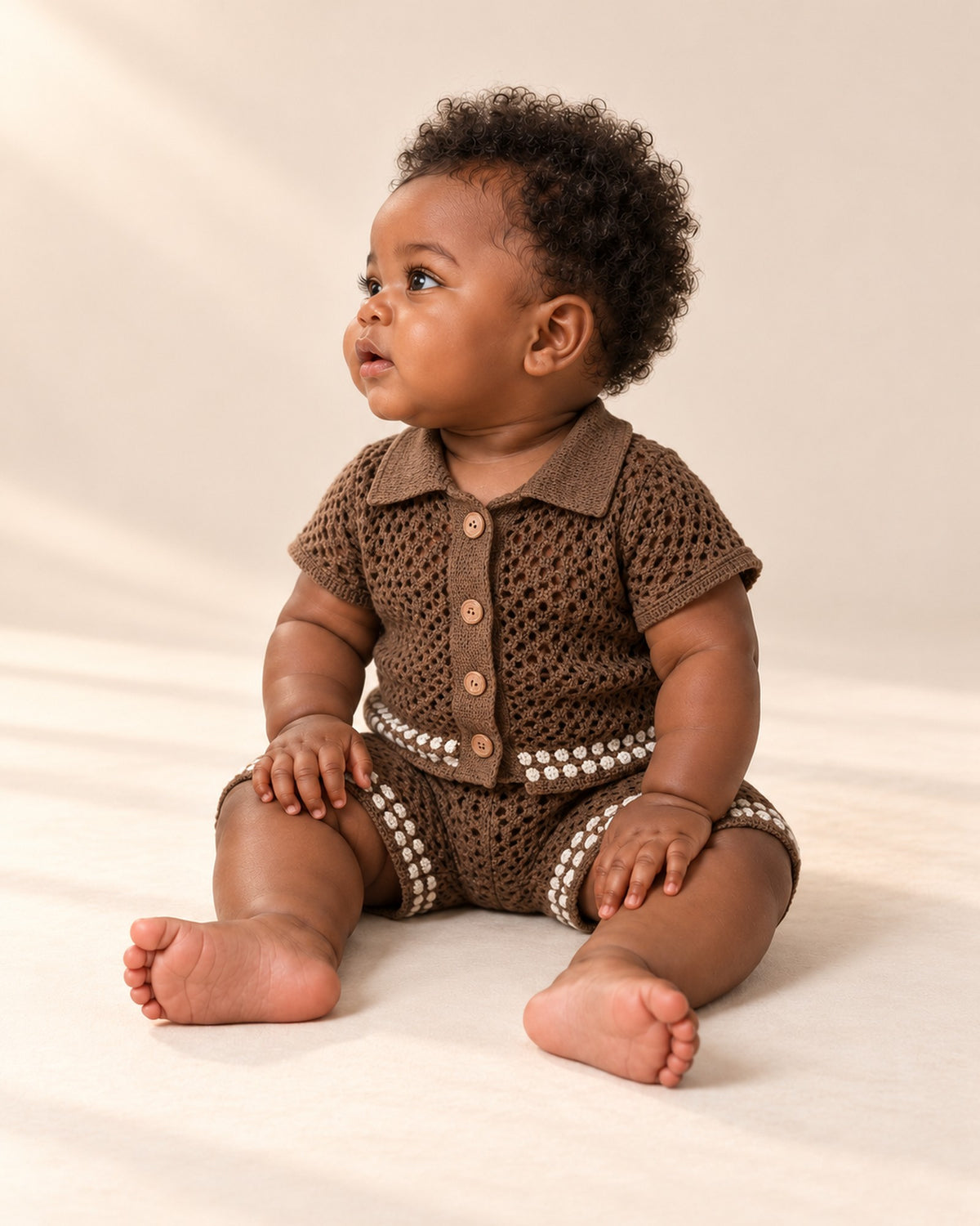 Ollie Openwork Knit Camp Collar Set in Chocolate – side view