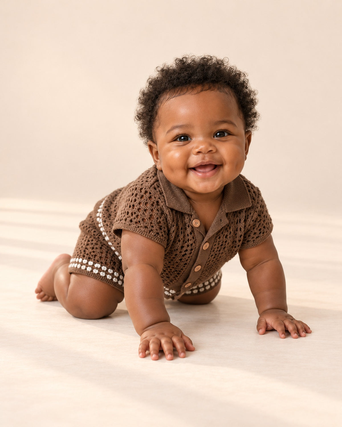 Ollie Openwork Knit Camp Collar Set in Chocolate – natural pose