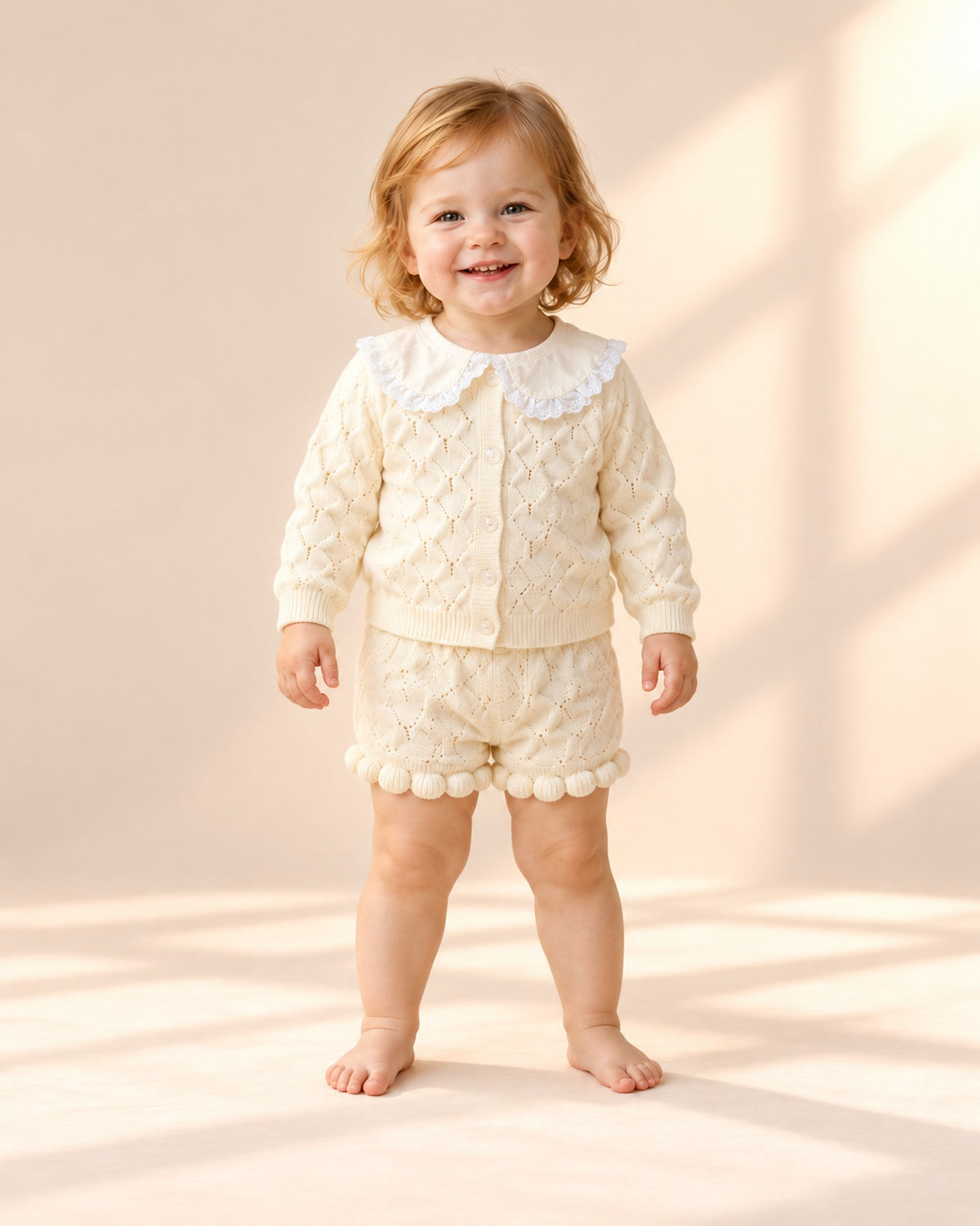 Full-length front view of the popcorn knit set with lace collar – Cream
