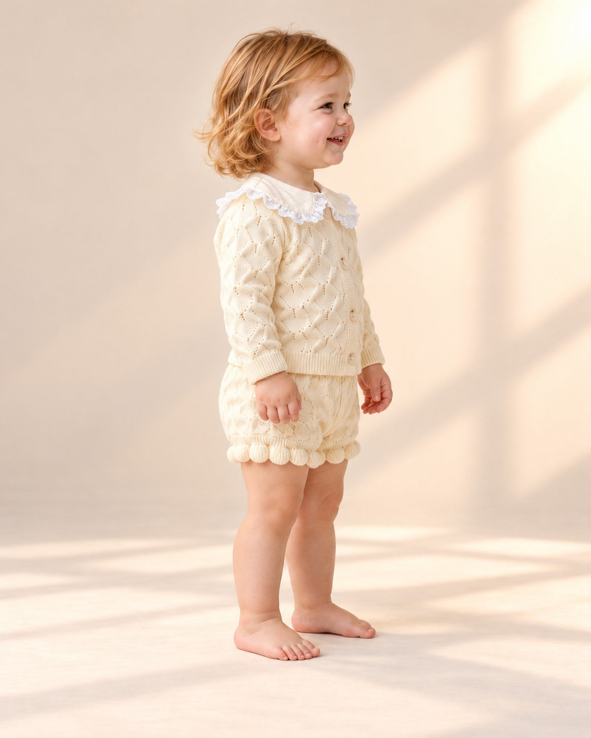 Side view of the popcorn knit set with lace collar – Cream
