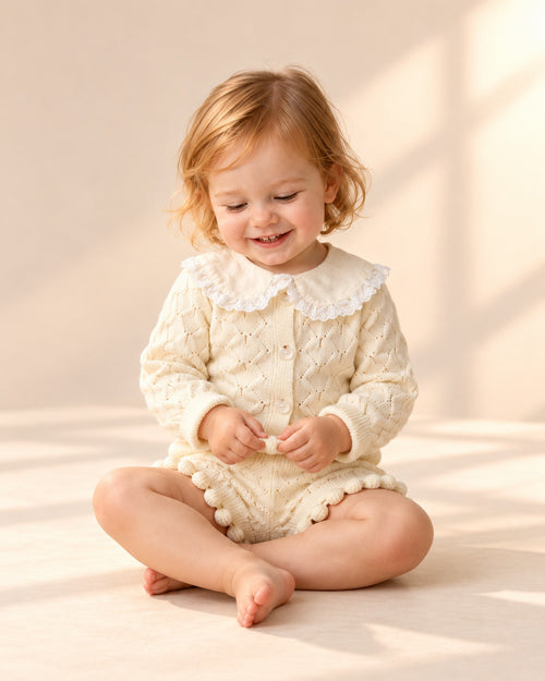 Toddler at play in the popcorn knit set with lace collar – Cream