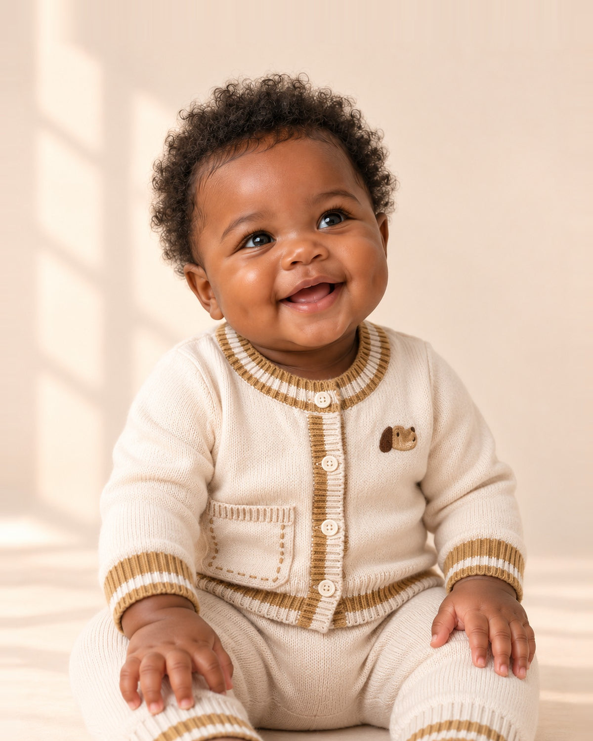 Baby sitting in the Winnie cream knit cardigan with caramel striped trims – Cream