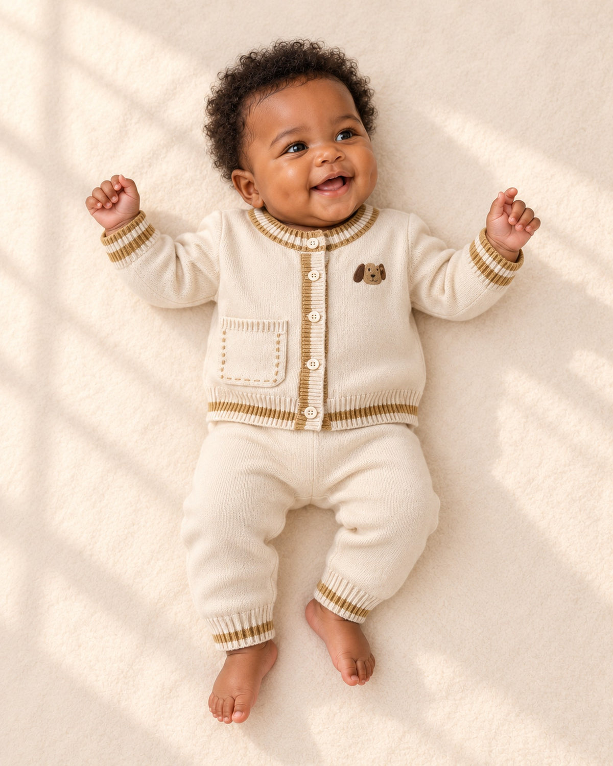 Full-length front view of the striped trim knit cardigan set – Cream