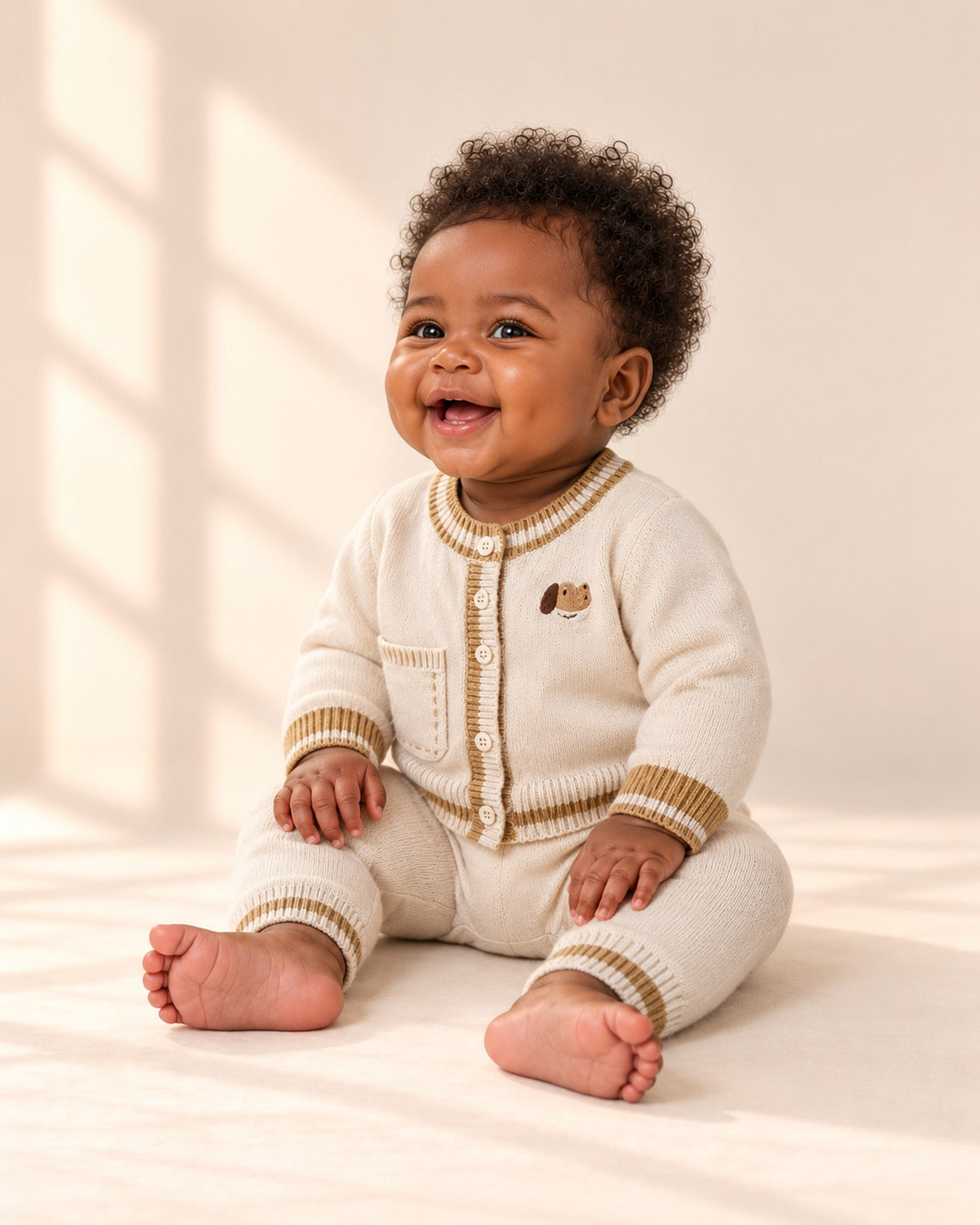 Side view of the striped trim knit cardigan set – Cream