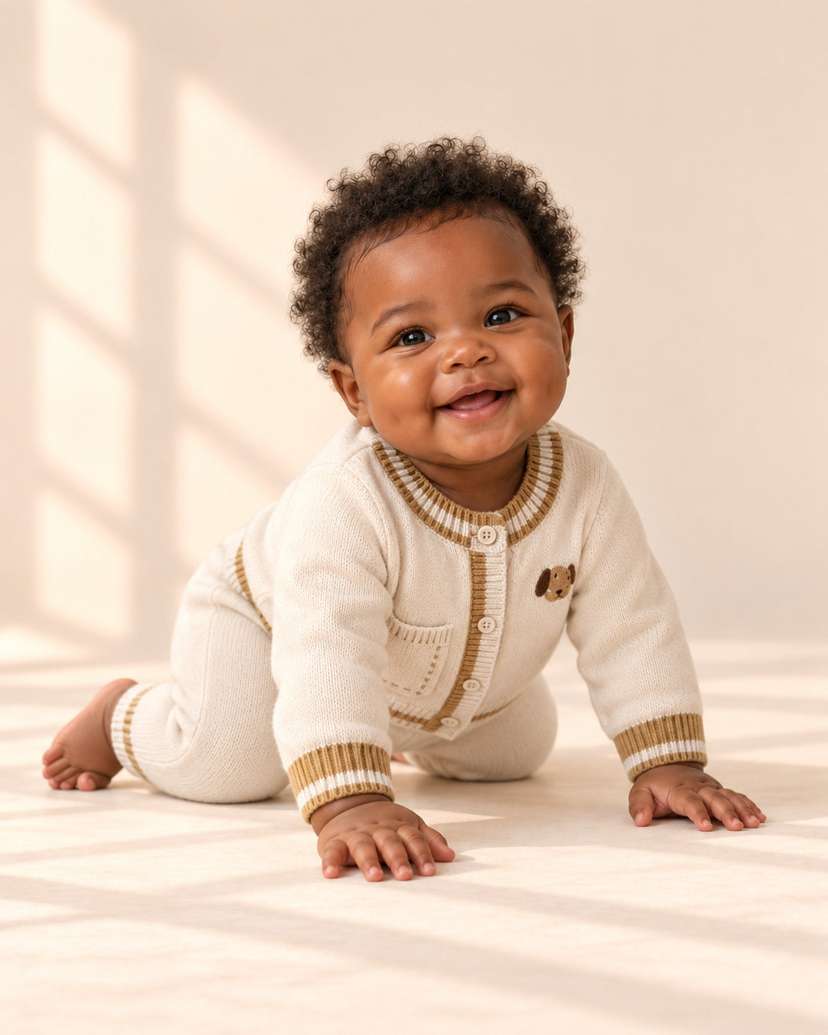 Baby at play in the striped trim knit cardigan set – Cream