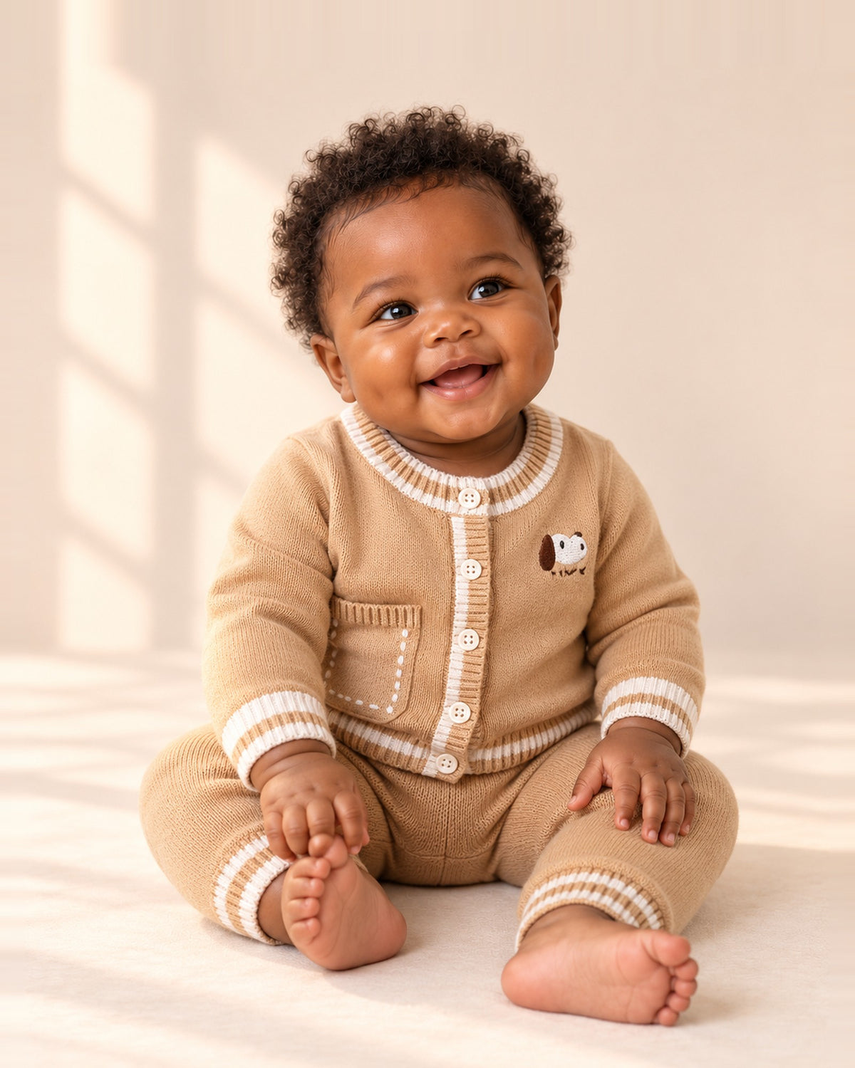 Winnie Striped Trim Knit Cardigan Set in Khaki – main