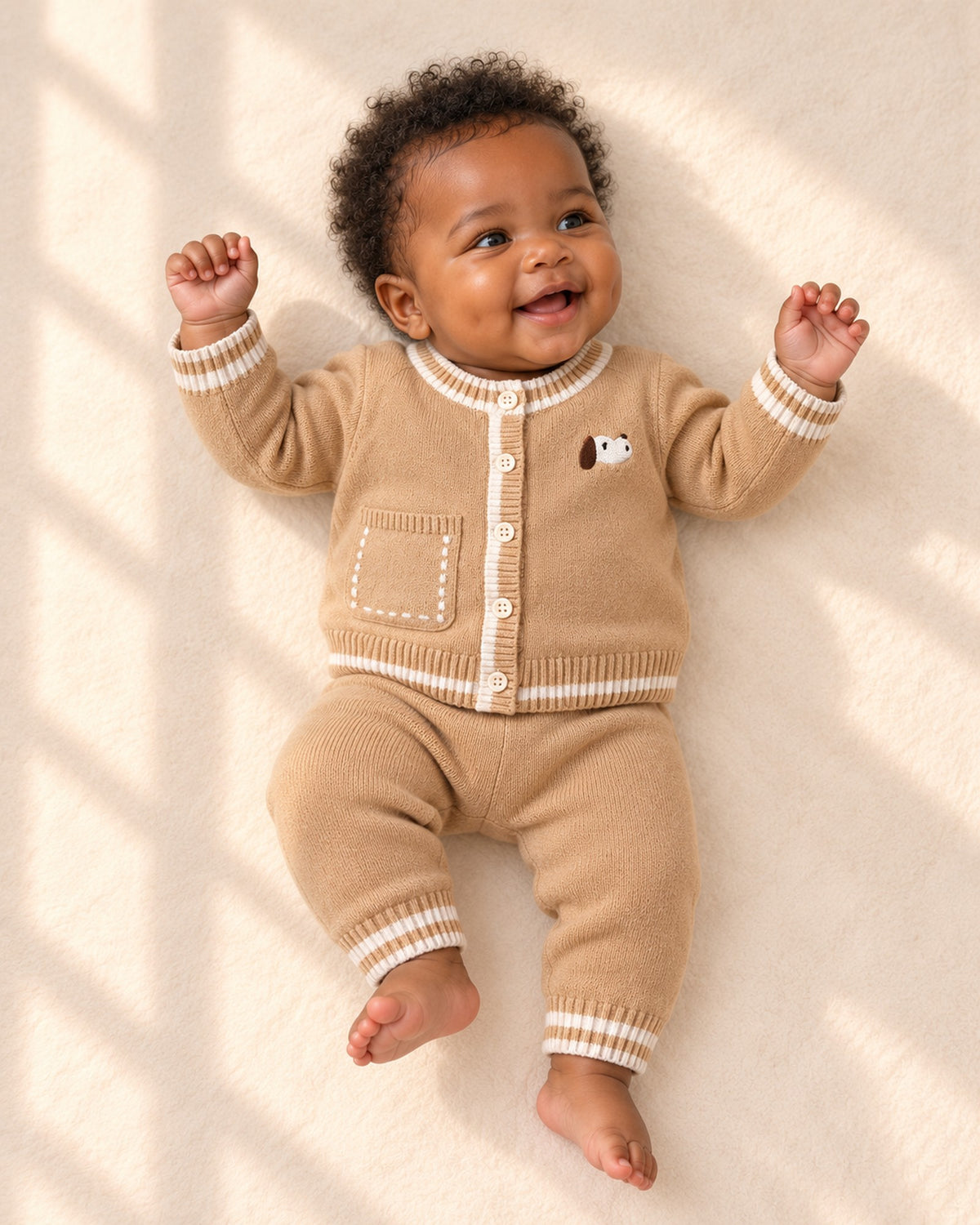 Winnie Striped Trim Knit Cardigan Set in Khaki – full front view