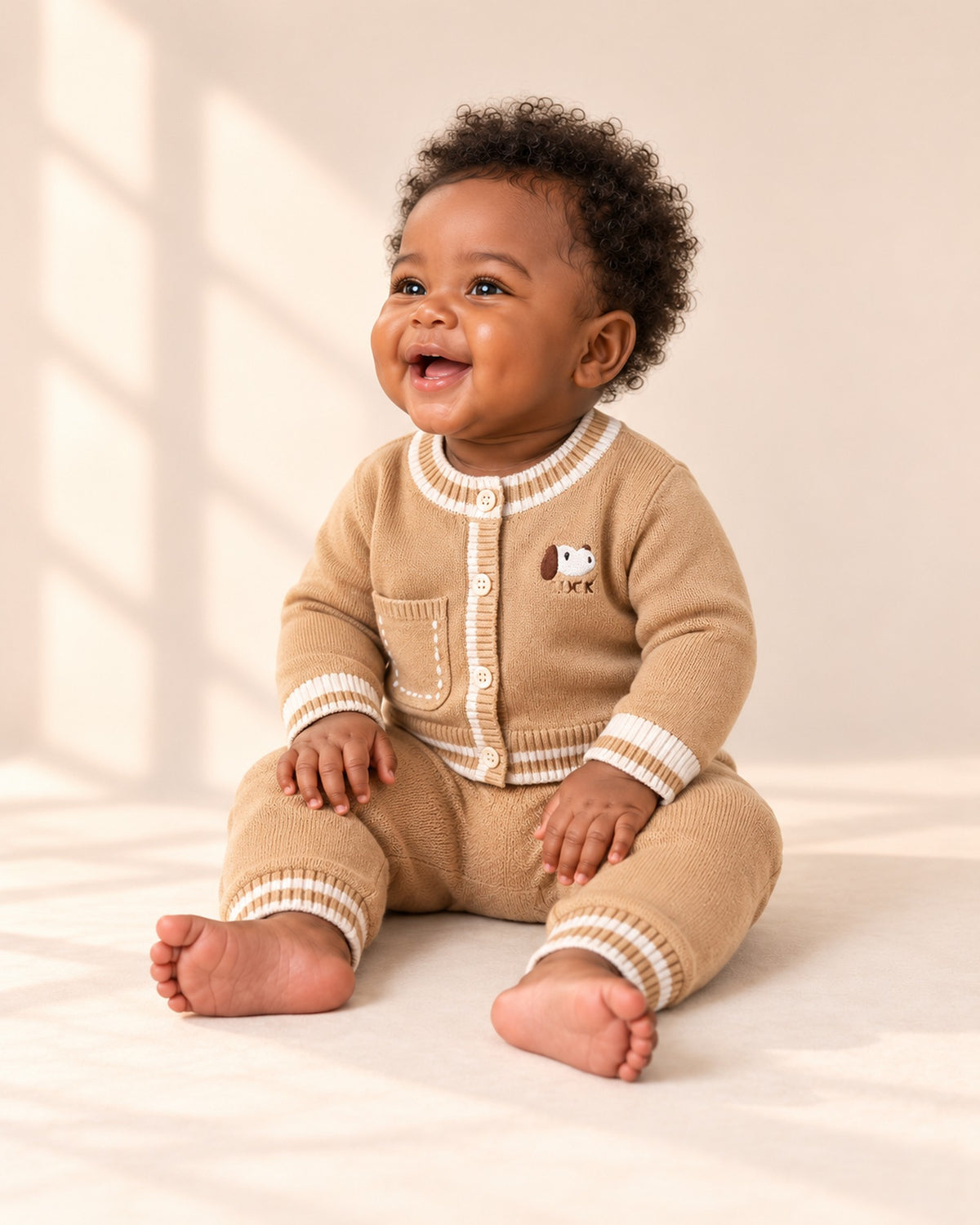 Winnie Striped Trim Knit Cardigan Set in Khaki – side view