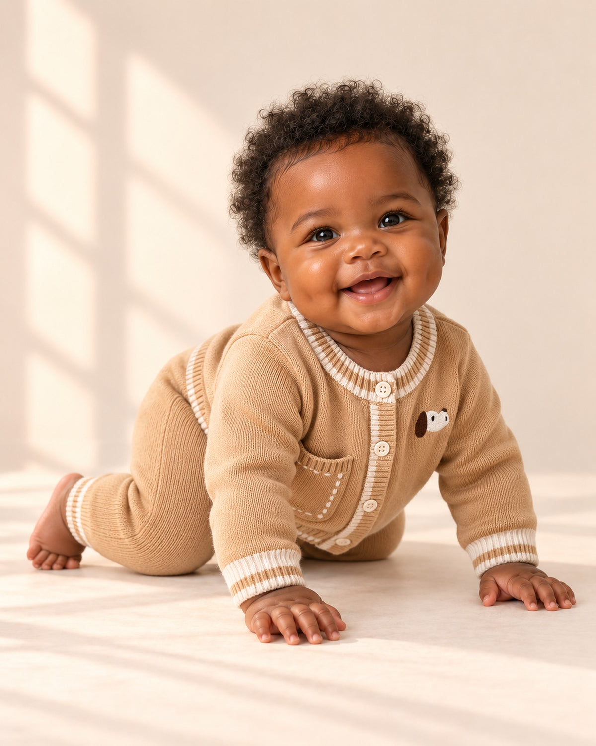 Winnie Striped Trim Knit Cardigan Set in Khaki – natural pose