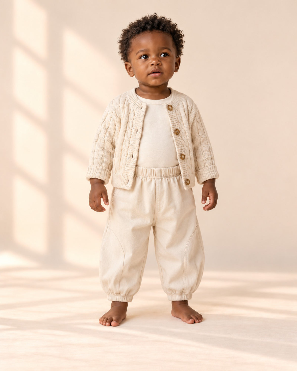 Front view of a baby in cream bloomer pants and an open cream cable knit cardigan, full length – Cream