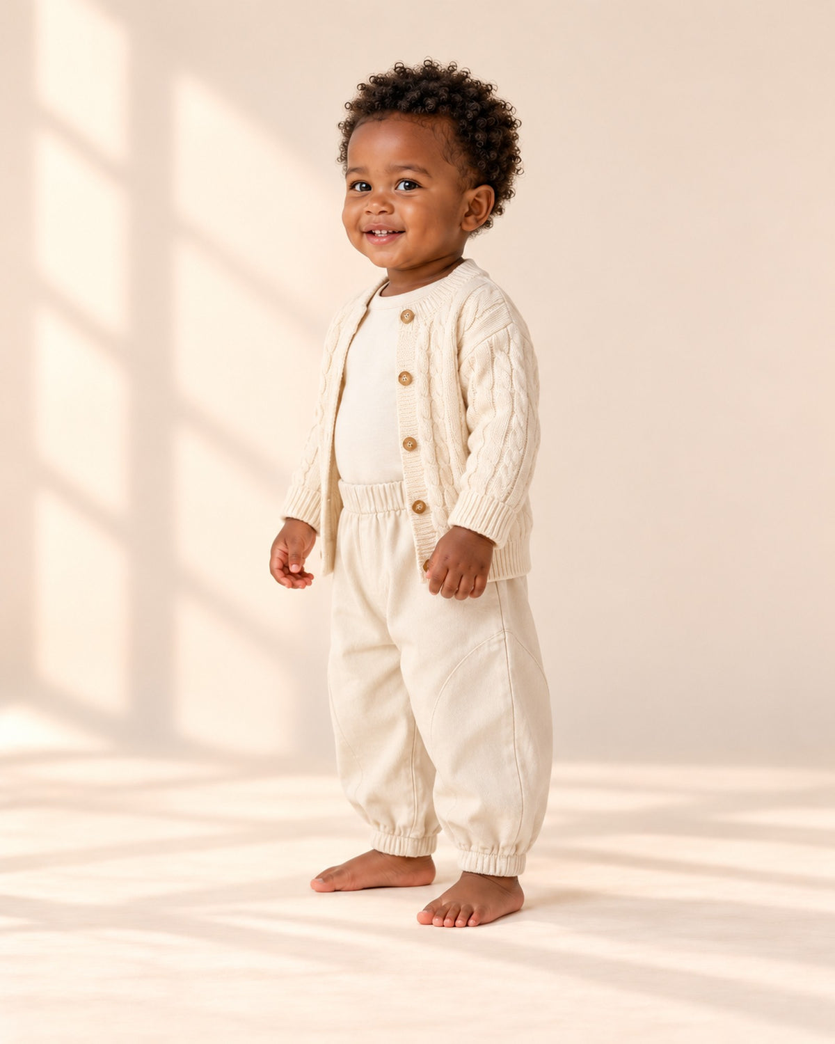 Side view showing the rounded leg of the cream pants under the open cardigan – Cream