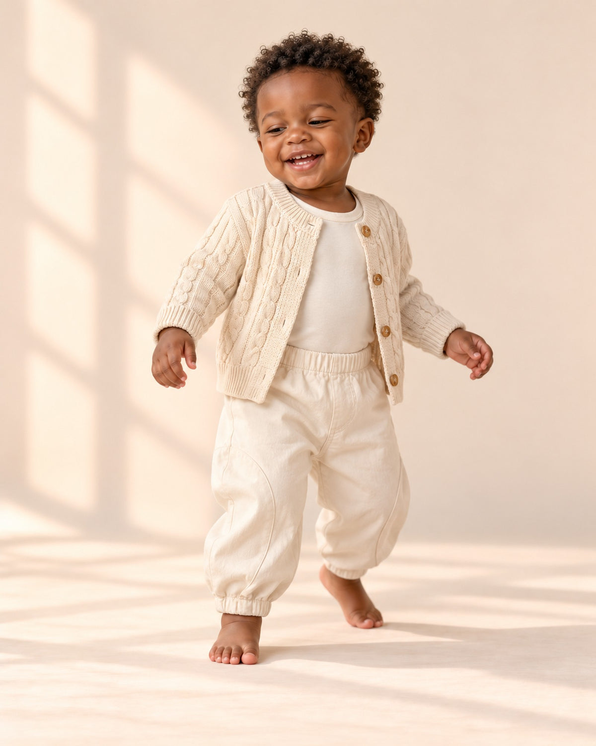 Baby in cream bloomer pants and the cream cable cardigan, head to toe – Cream