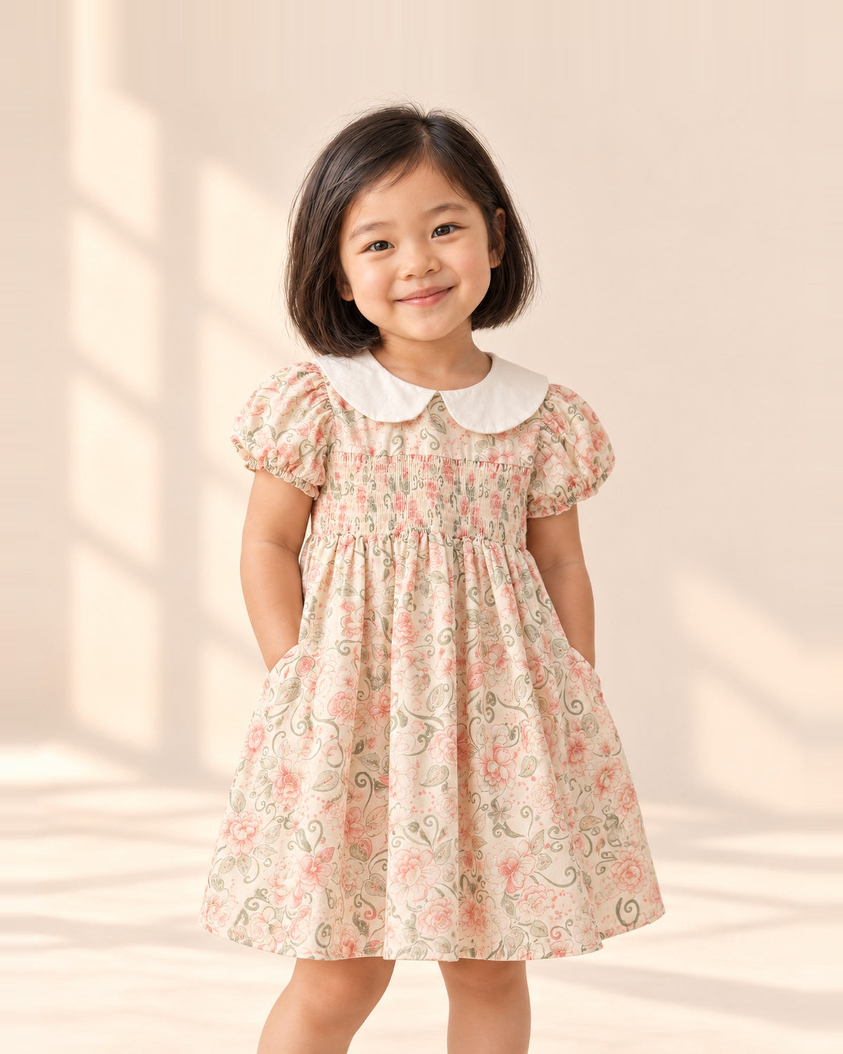 Girl in the Poppy floral smock dress with a white Peter Pan collar – Pink Floral