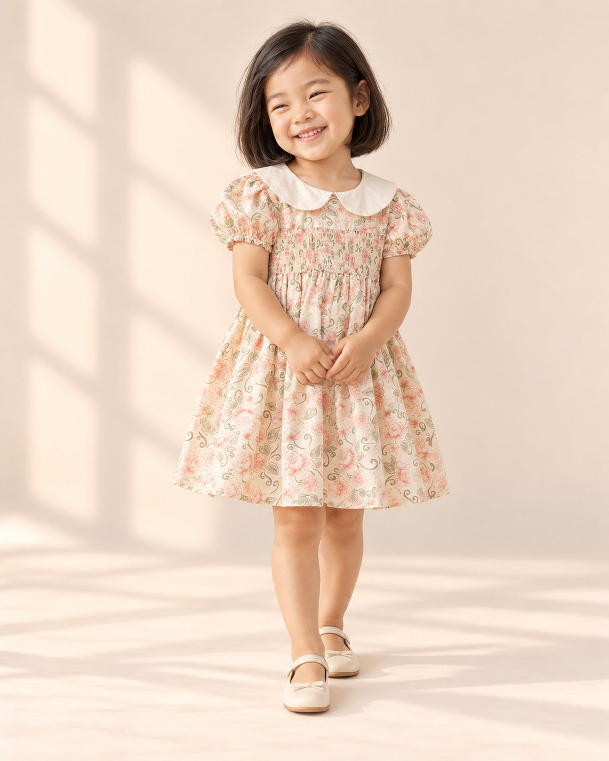 Front view of the peach and pink floral dress, full length – Pink Floral