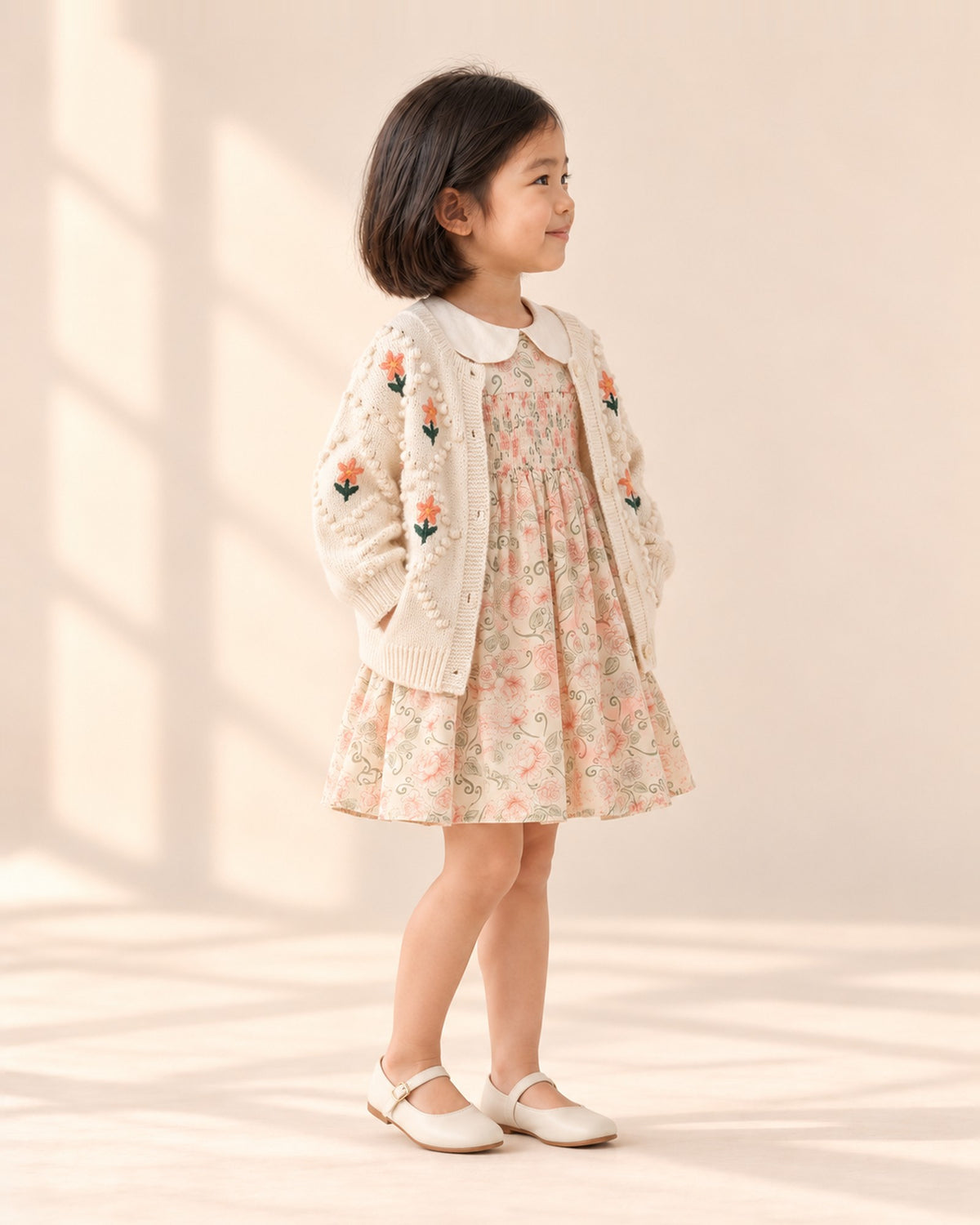 Side view of the Poppy dress showing the gathered skirt – Pink Floral