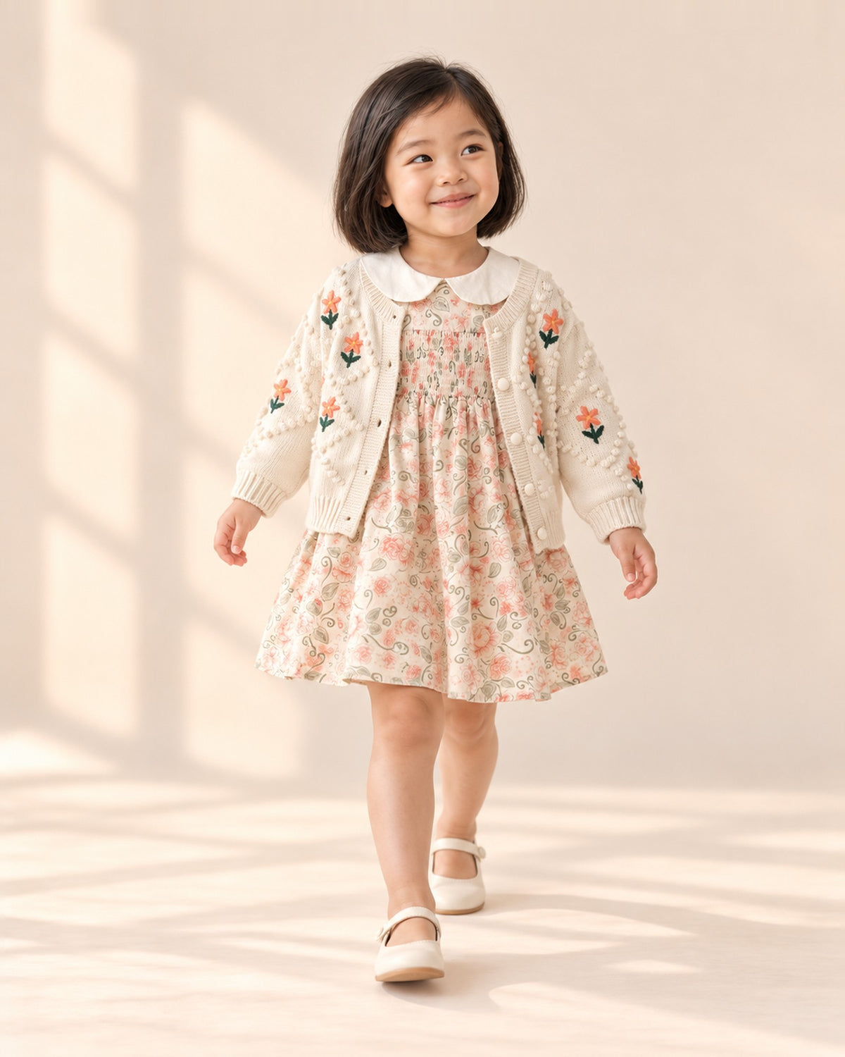 Girl smiling in the floral dress with puff sleeves – Pink Floral