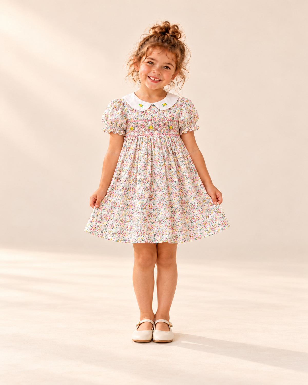 Front view of the Rosie smocked floral dress, full length – Pink Floral