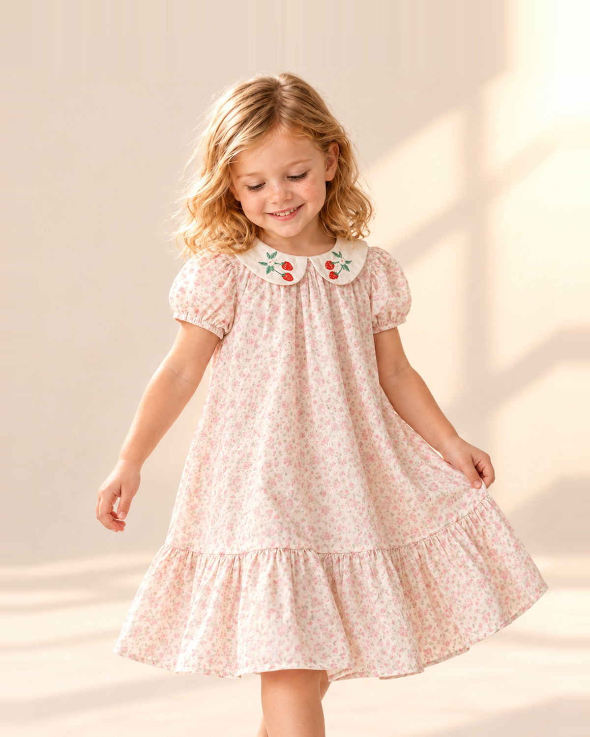 Girl twirling in the Daisy pink floral dress with a strawberry collar – Pink Floral