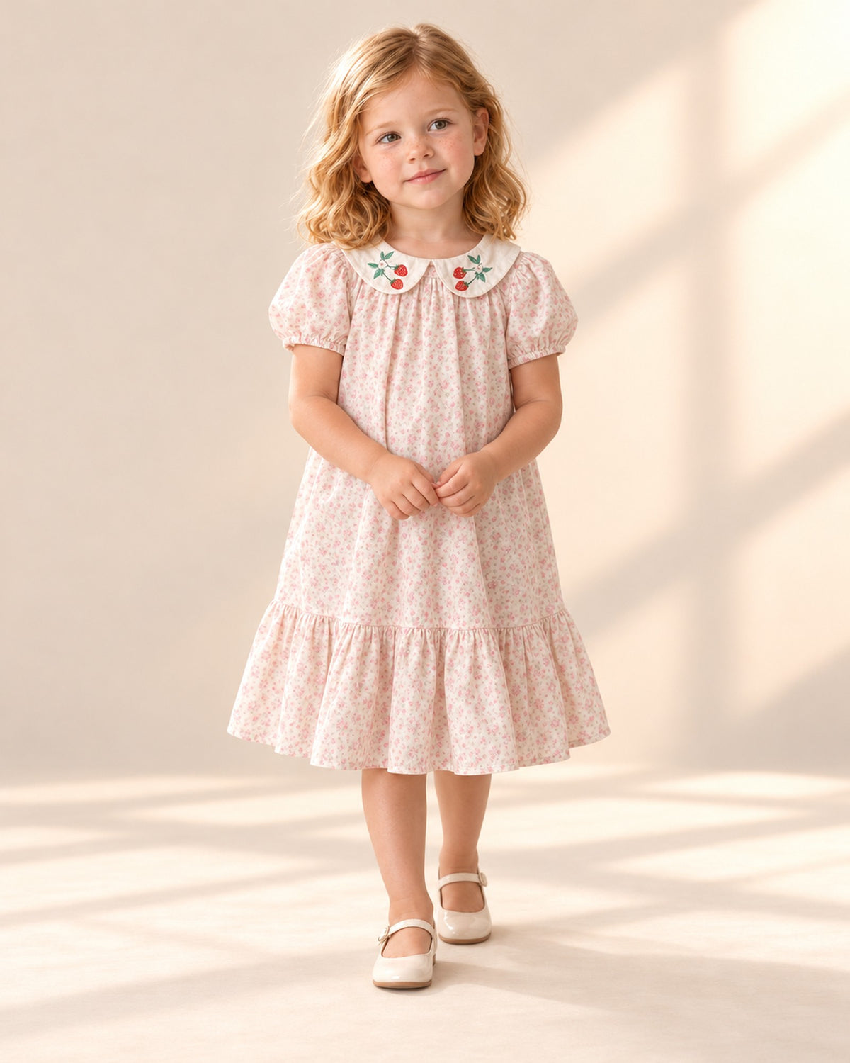 Front view of the floral dress with a cream cardigan, full length – Pink Floral