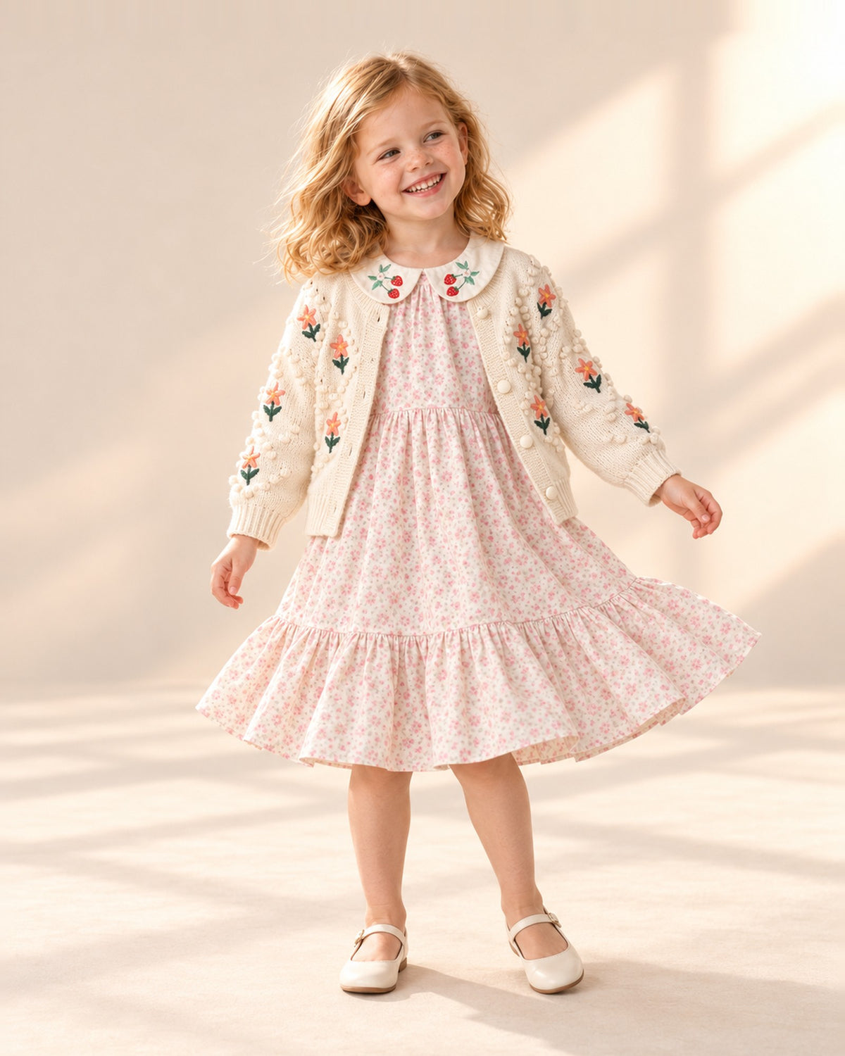Girl smiling and swinging the flounce hem of the floral dress – Pink Floral