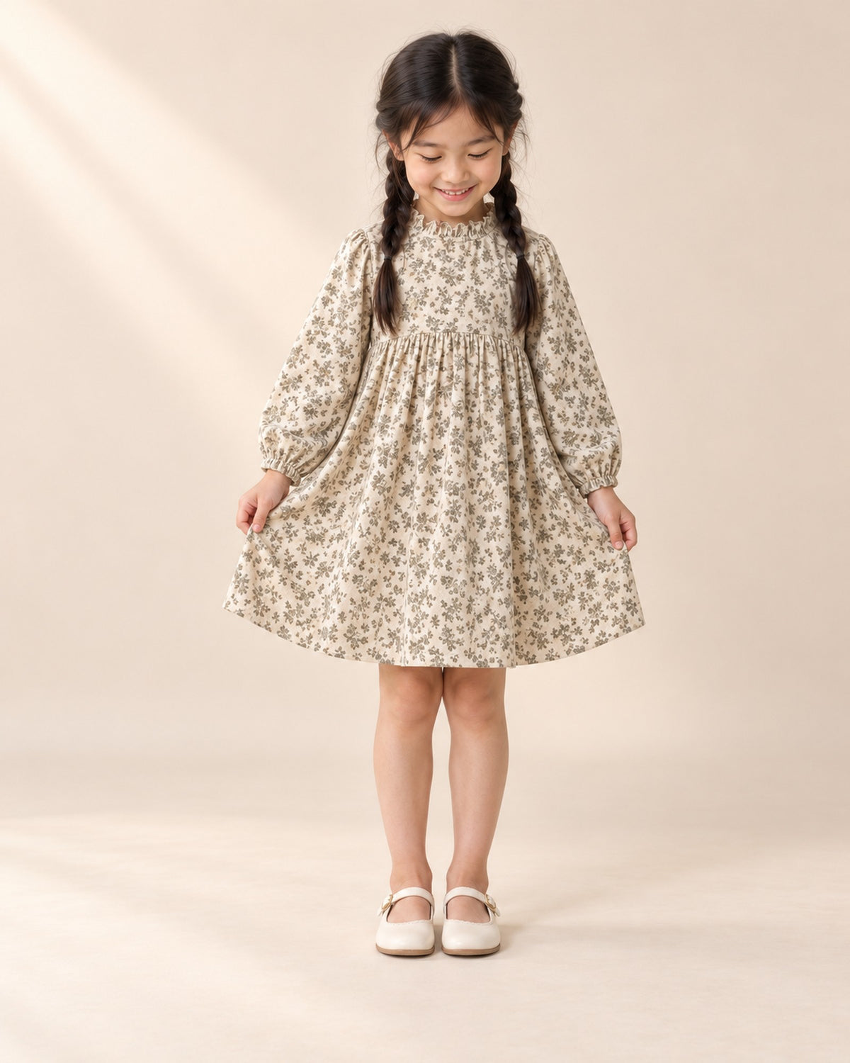 Front view of the long-sleeve floral dress, full length – Cream Floral