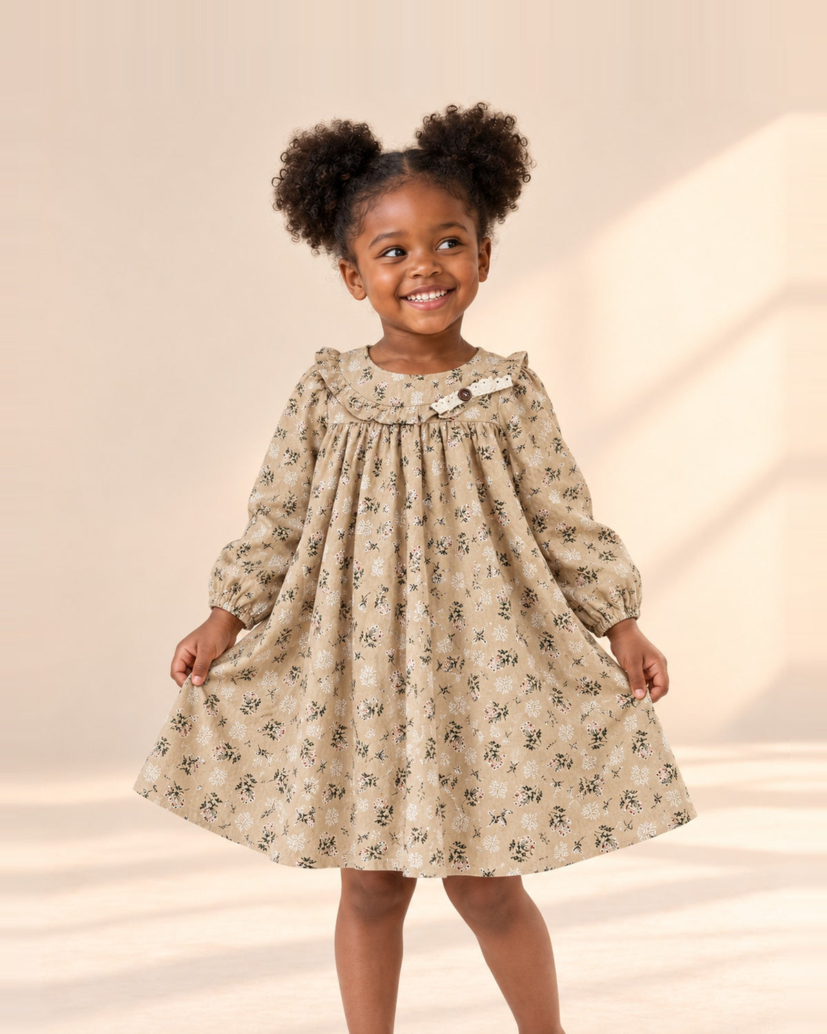 Iris Leaf Print Ruffle Yoke Dress in Khaki – main