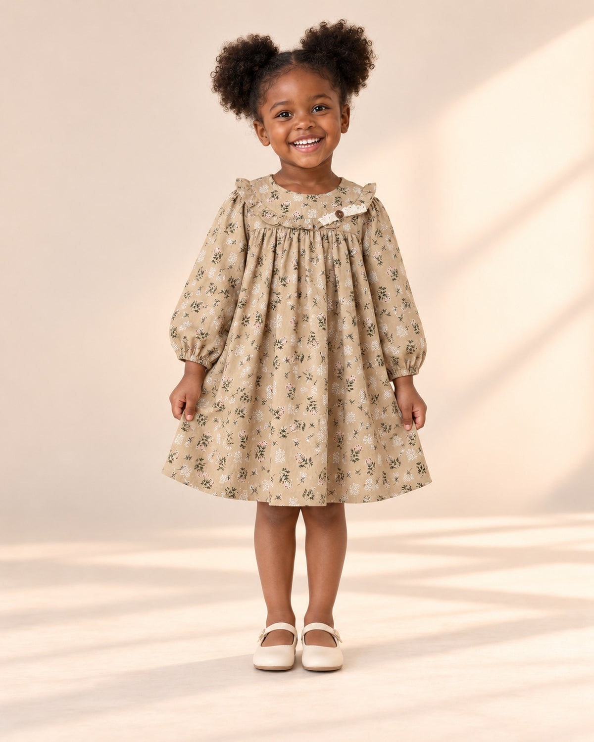 Iris Leaf Print Ruffle Yoke Dress in Khaki – full front view
