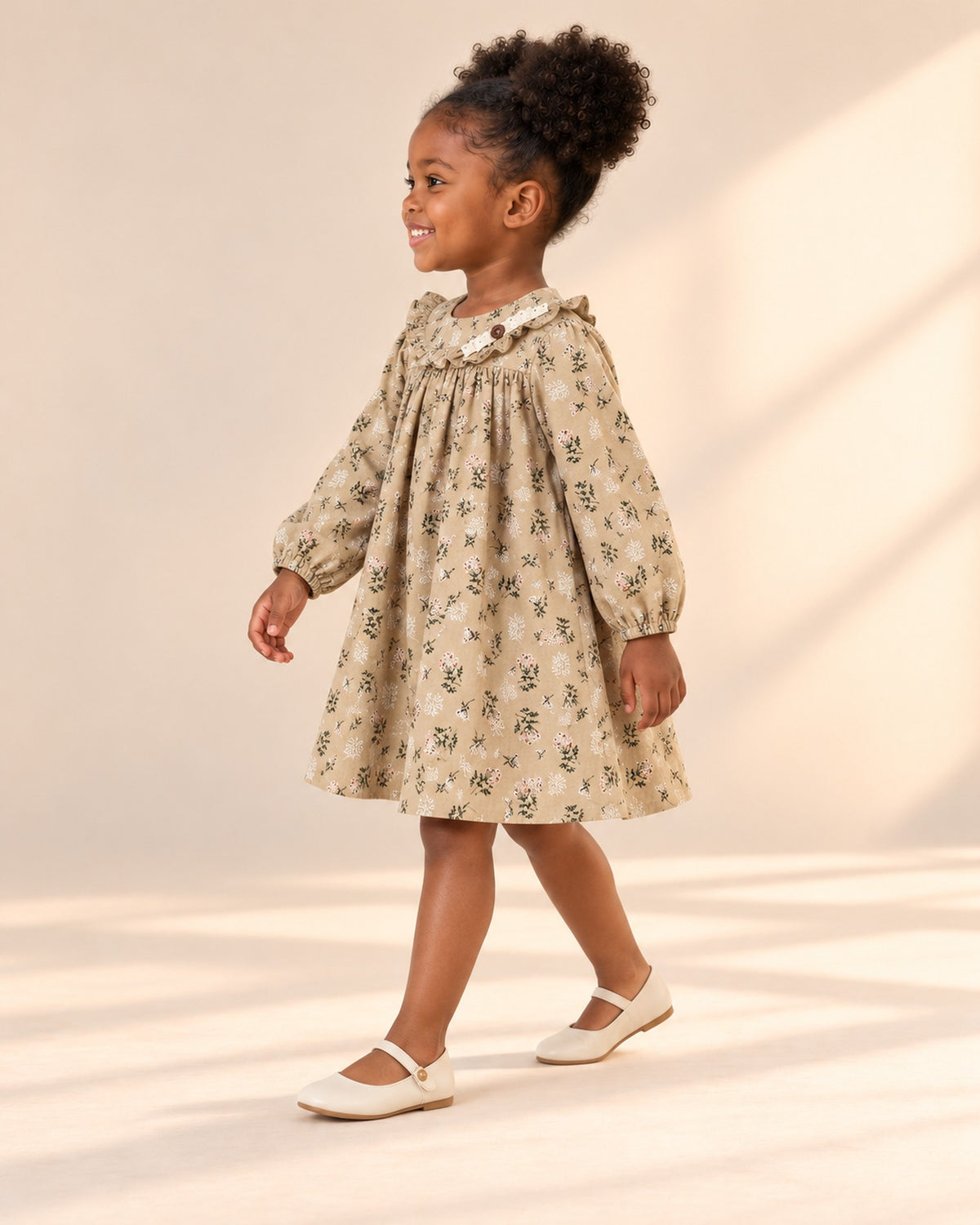 Iris Leaf Print Ruffle Yoke Dress in Khaki – side view