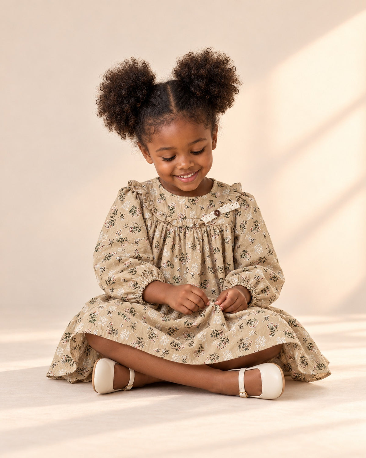 Iris Leaf Print Ruffle Yoke Dress in Khaki – natural pose