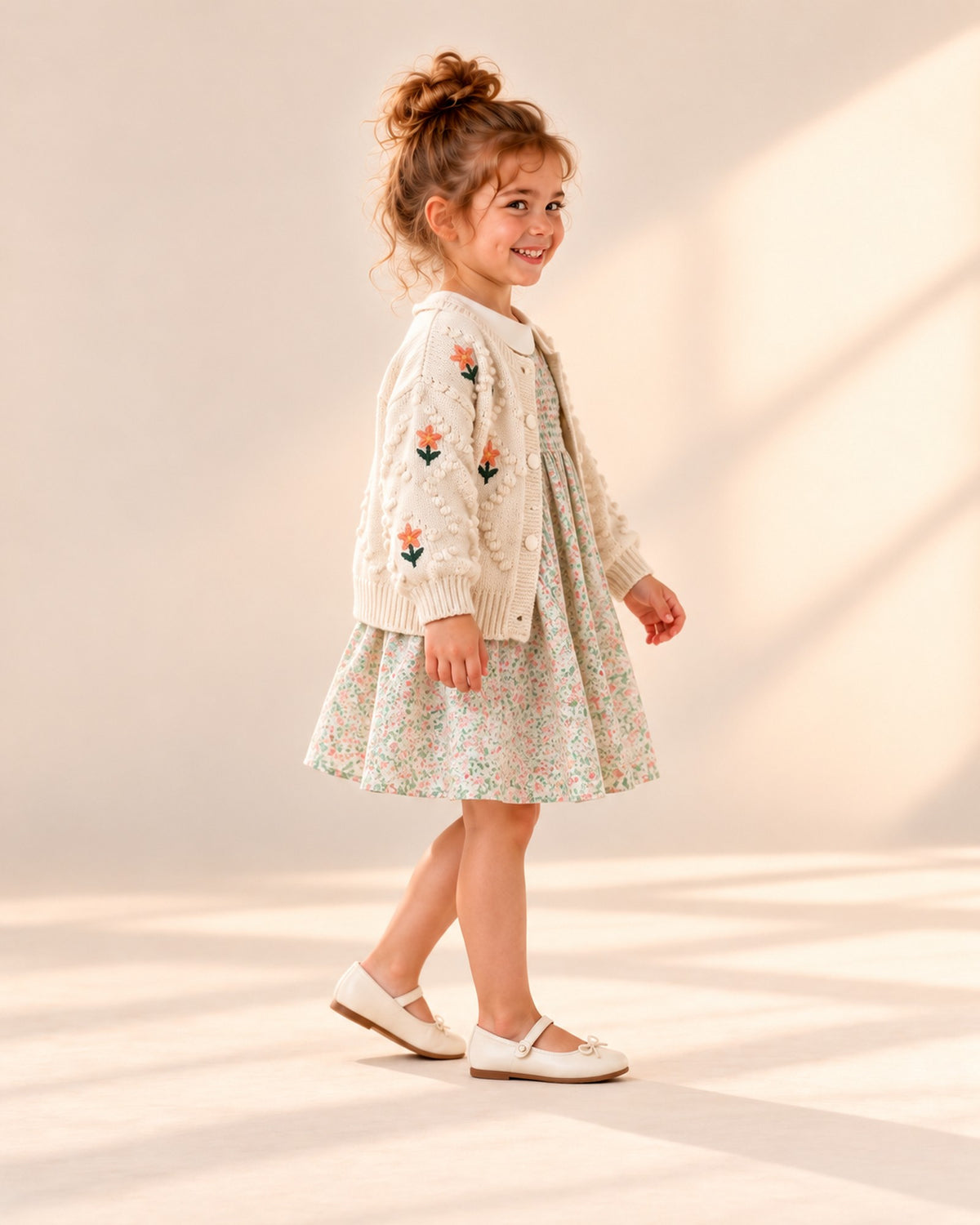 Side view of the smocked dress with a cream Peter Pan collar worn with the embroidered flower knit cardigan – Sage Floral